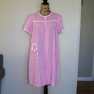 Vintage Pink/White Cotton Gingham Plaid Pearl Snap Flower House Dress Women's M